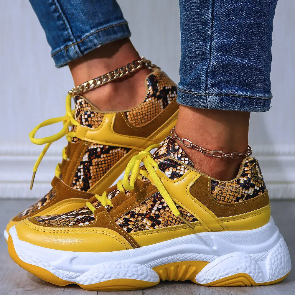 Женские кроссовки со змеиным принтом Вулканизированная массивная обувь на