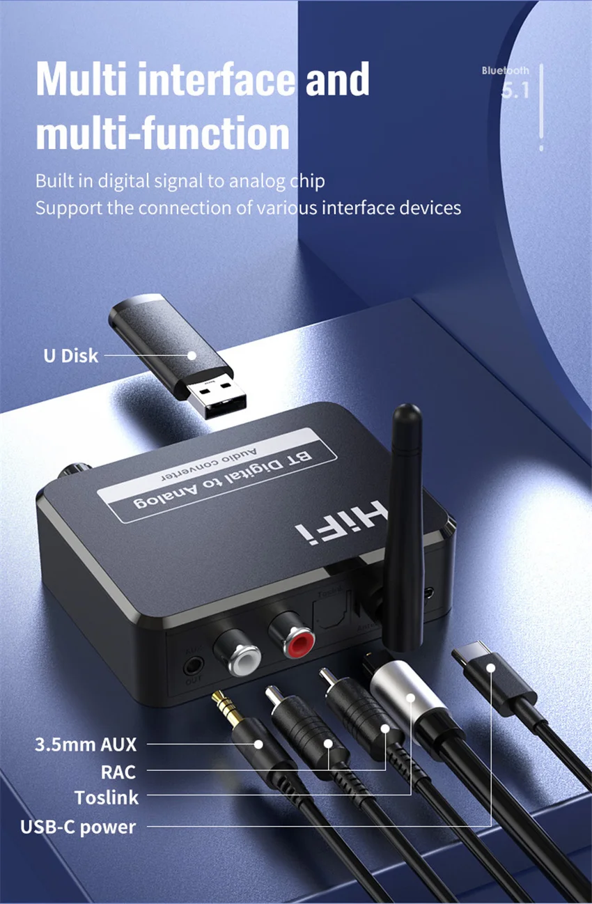 Цифро-аналоговый аудиоприемник DAC Bluetooth 5 1 цифровой оптический преобразователь