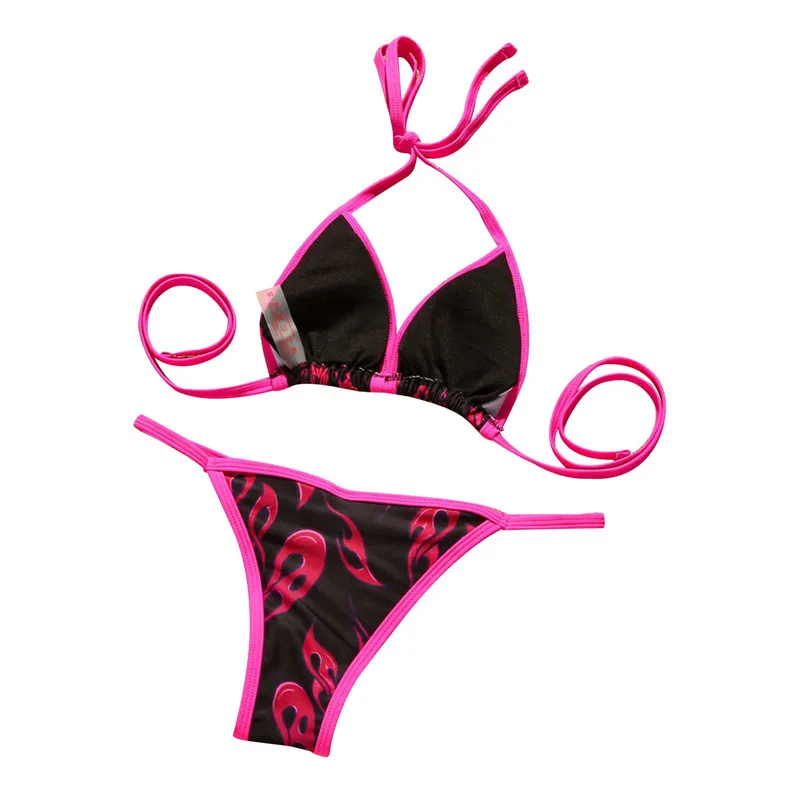 2 предмета Для женщин сексуальный комплект бикини взрослых пламя печати галстук