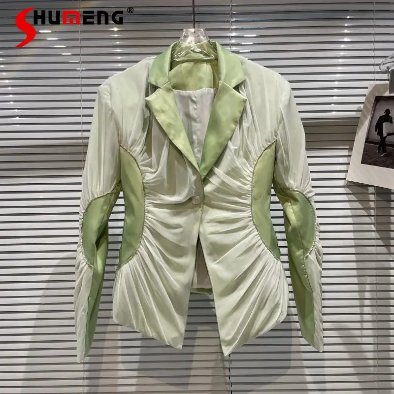 

2021 Early Autumn New Mesh Rhinestone Edge Suit Coats Ladies Fashion Slim Fit Patchwork Single Button Blazer For Female