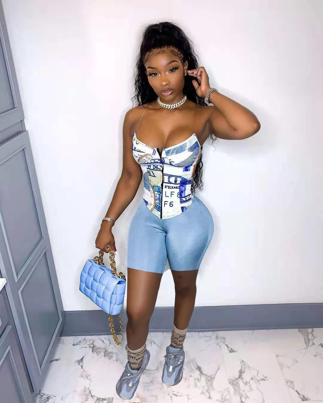 Уличная спортивный костюм Для женщин класс доллар США короткий топ с принтом и