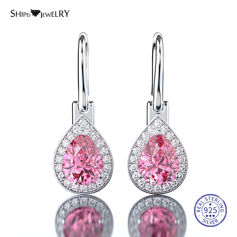 Shipei 925 пробы, серебряные, желтые, розовые, белые сапфировые серьги в форме капли воды, хорошее ювелирное изделие, висячие серьги для женщин - Цвет камня: Pink Sapphire