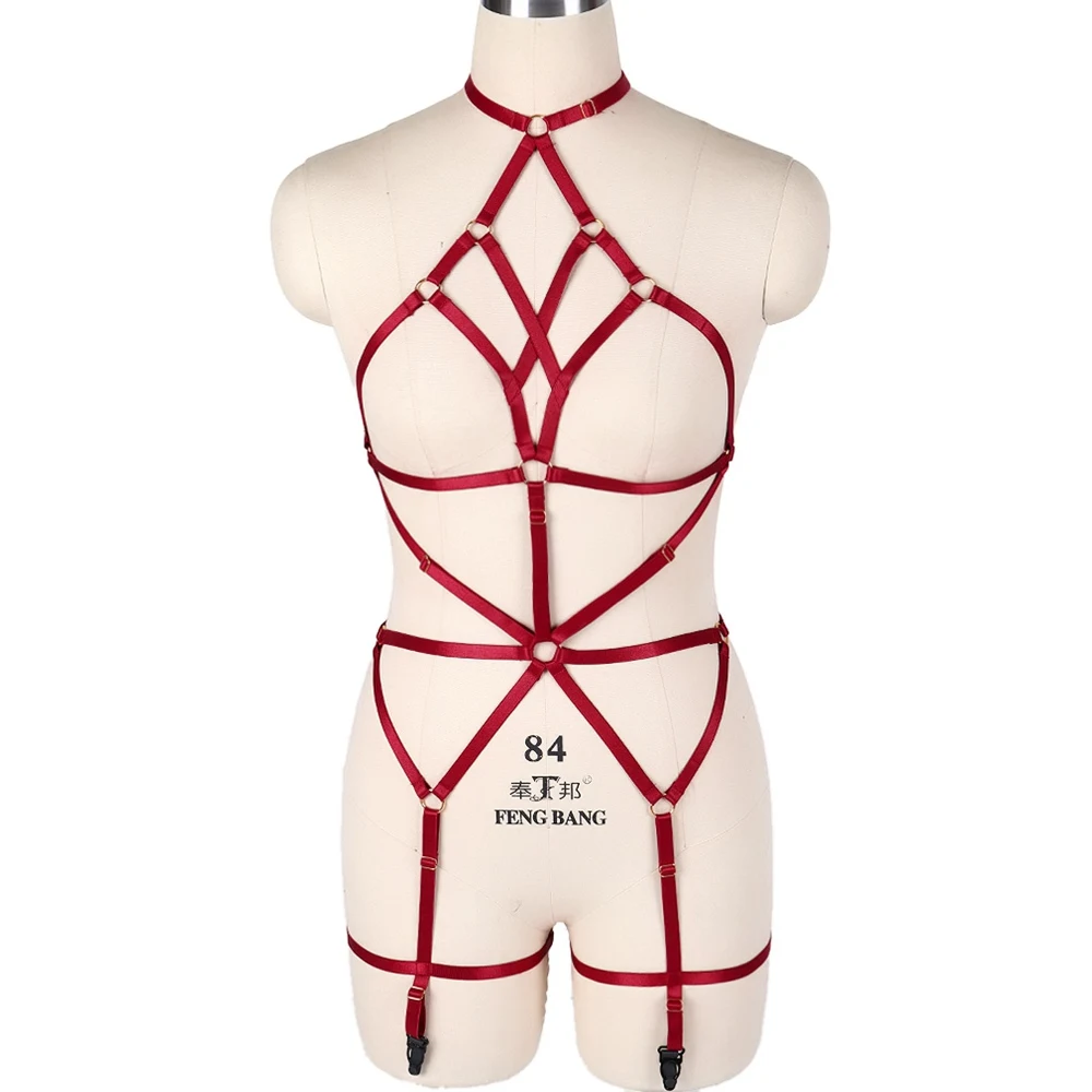 

Sexy Woman Hollow Bra Lingerie Set Punk Gothic Costumes Harness Set Fetish Elastic Straps Sword Belt Exotic Accessories Garters