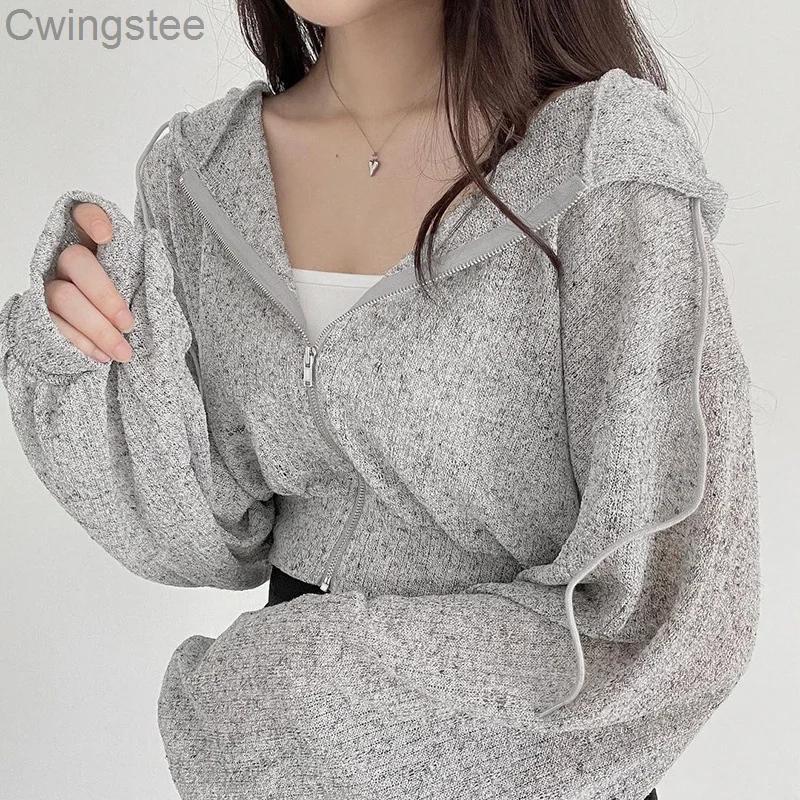 

Уличная одежда, повседневные укороченные куртки на молнии, женское однотонное свободное милое вязаное пальто с капюшоном, Модный корейский...