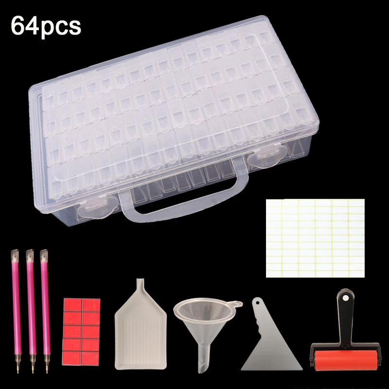 

Diamond Painting Tools Sets with 64/42 Cells Plastic Storage Box Funnel Stickers etc for Diamond Painting Embroidery Tool Set