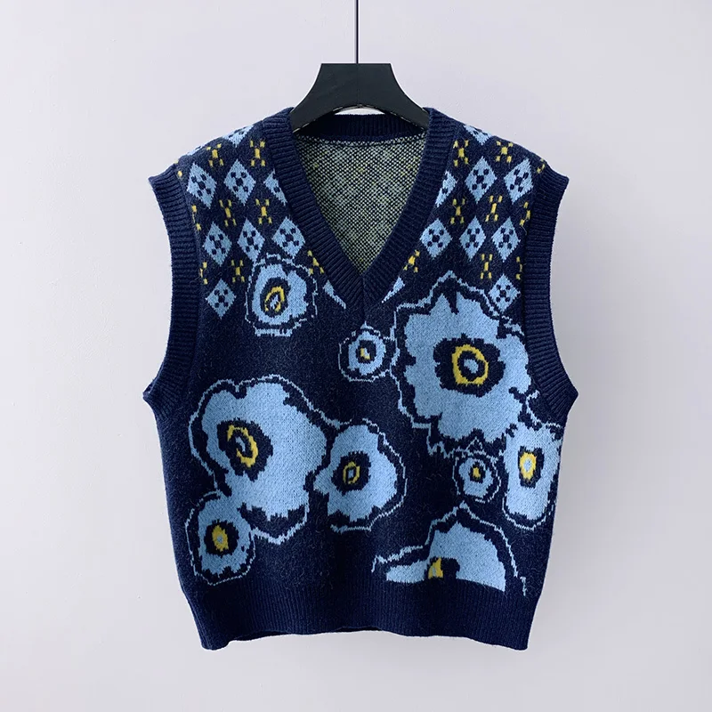 

Vintage Preppy Style Jacquard Sweater Vest Women Loose V-neck Knitted Waistcoat Floral Pattern All-match Coat