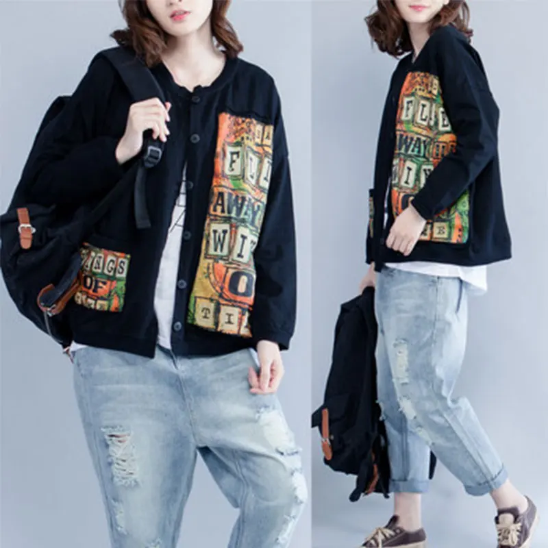 

2020 Spring Arts Style Women Long Sleeve Loose Short Coat Patchwork Print Single Breasted Cotton Casual Jackets Big Size M577