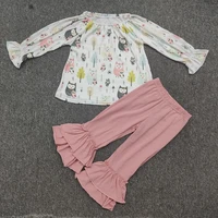 2021 autumn cotton baby girl suit animal print long sleeved blouse and pink trousers with lace on the bottom