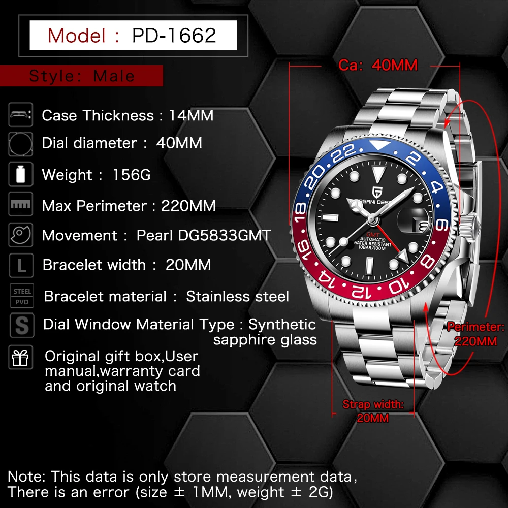 

PAGANI DESIGN Top Brand Luxury Men 4-pin GMT Automatic Watch Stainless Steel Sapphire 100M Waterproof Mechanical Watch Men Clock
