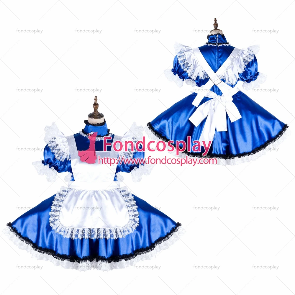 

Сексуальная одежда для взрослых fondcosplay, женская одежда, Короткое синее атласное платье с замком, Униформа, белый фартук, костюм, индивидуаль...