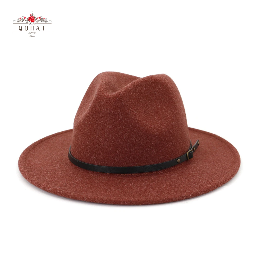 

QBHAT Wholesale Vintage Wide Brim Wool Felt Fedora Hats with Belt Buckle Men Woman Panama Cap Jazz Trilby Party Formal Hat