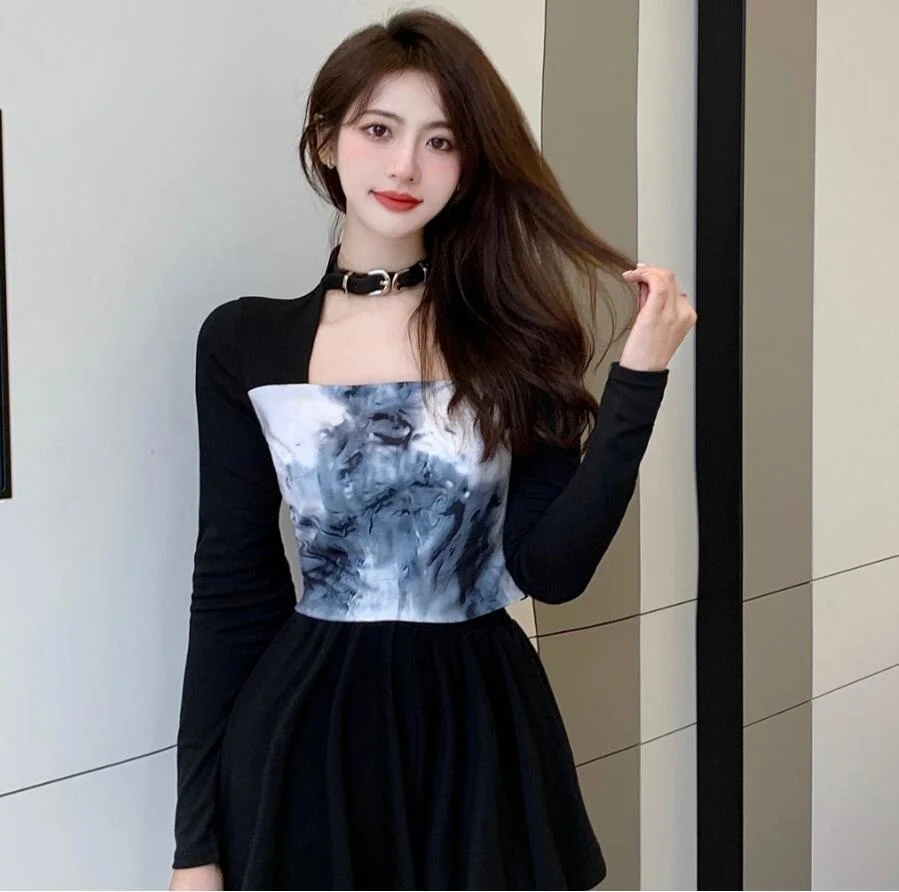 

Online Celebrity Live Streaming Clothing Female Anchor Clothes Square Collar Halter Top Slim Fit Short Bottoming Shirt Long