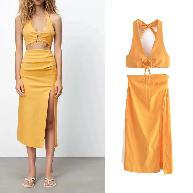 

PPYQYKX ZA 2021 женская летняя одежда эластичный льняной короткий топ с высокой талией с разрезом миди юбка в стиле ретро полый сексуальный женски...