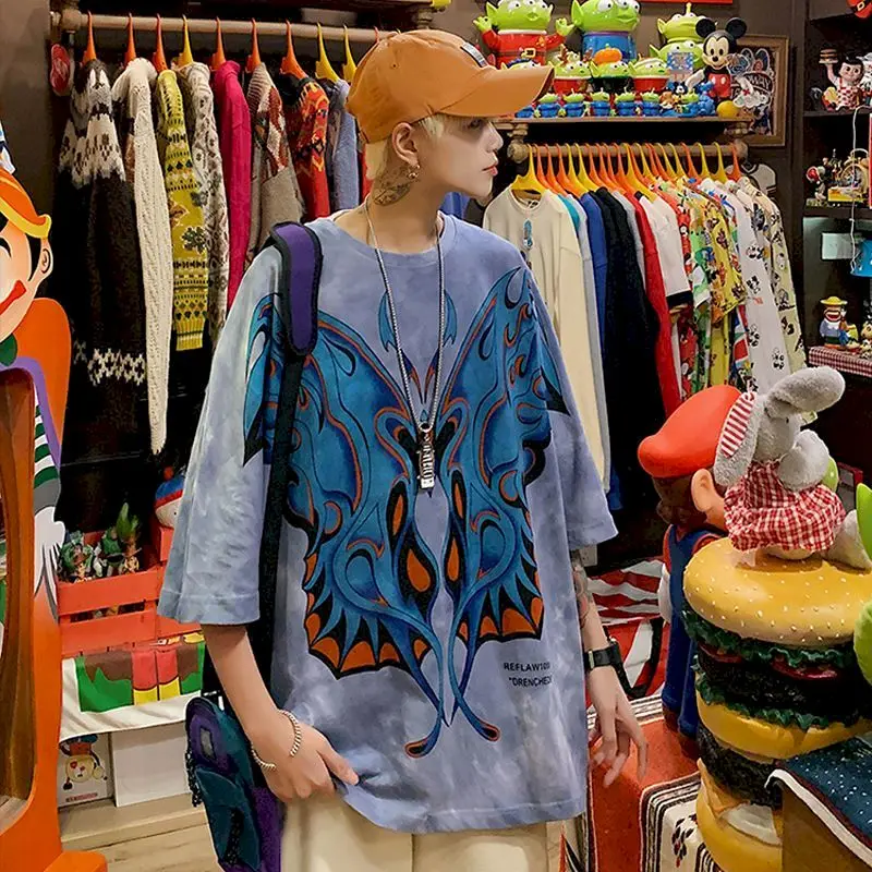 

Oversized T-shirt Short-sleeved Men Women Butterfly Print Tshirt Summer Korean All-match Streetwear Loose Male Tops Goth Punk