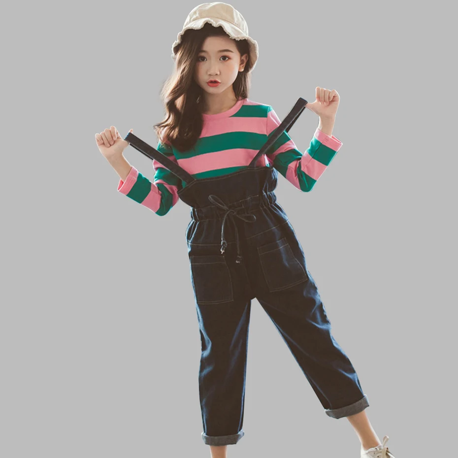 Комплект одежды для девочек футболка в полоску + комбинезон 2 шт. осенний костюм