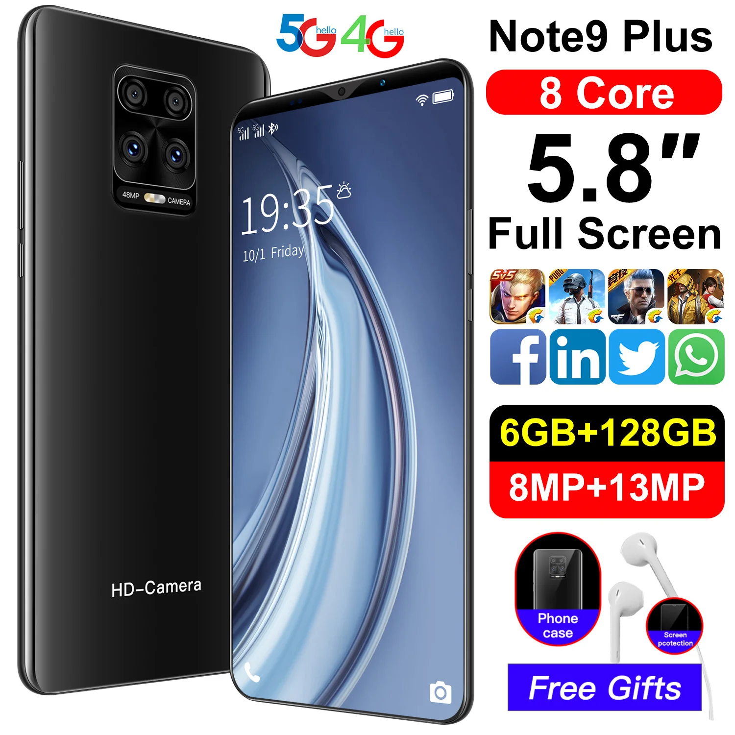 

New Arrival 5.8inch Note9 Plus 6GB+128GB 8MP+13MP 4800mAh Battery Smartphones Android 10.0 5G 8 Core Telephone Face ID