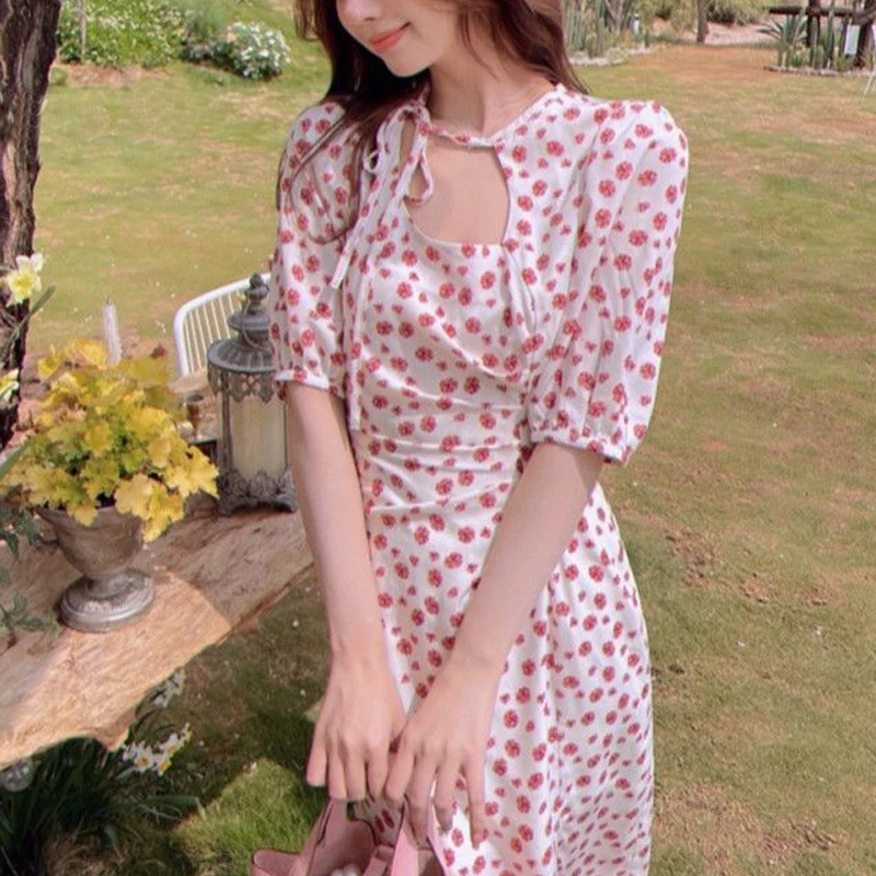 

Vingate Elegant Dress Women Short Sleeve Floral Printed Dress Bandage Design Sweet Party Dress Females Korean Style 2021 Summer