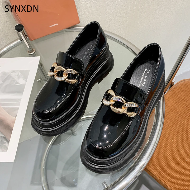 

SYNXDN Platform Women Loafers Round Toe Leather Buckle Breathable Mesh 2021 New Slip On Spring Summer Shoes Square Heels Mujer