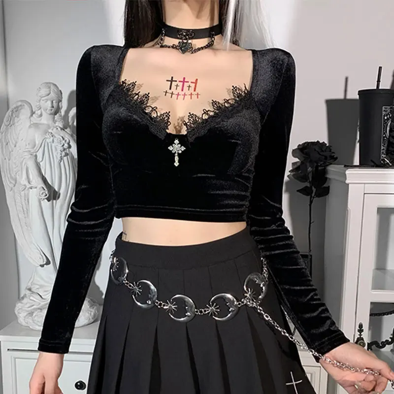 

Goth Black Tops Sexy V Neck Cross Pendant Y2K Vintage Velvet T Shirt Harajuku Women Autumn Long Sleeve Basic Tops Chic