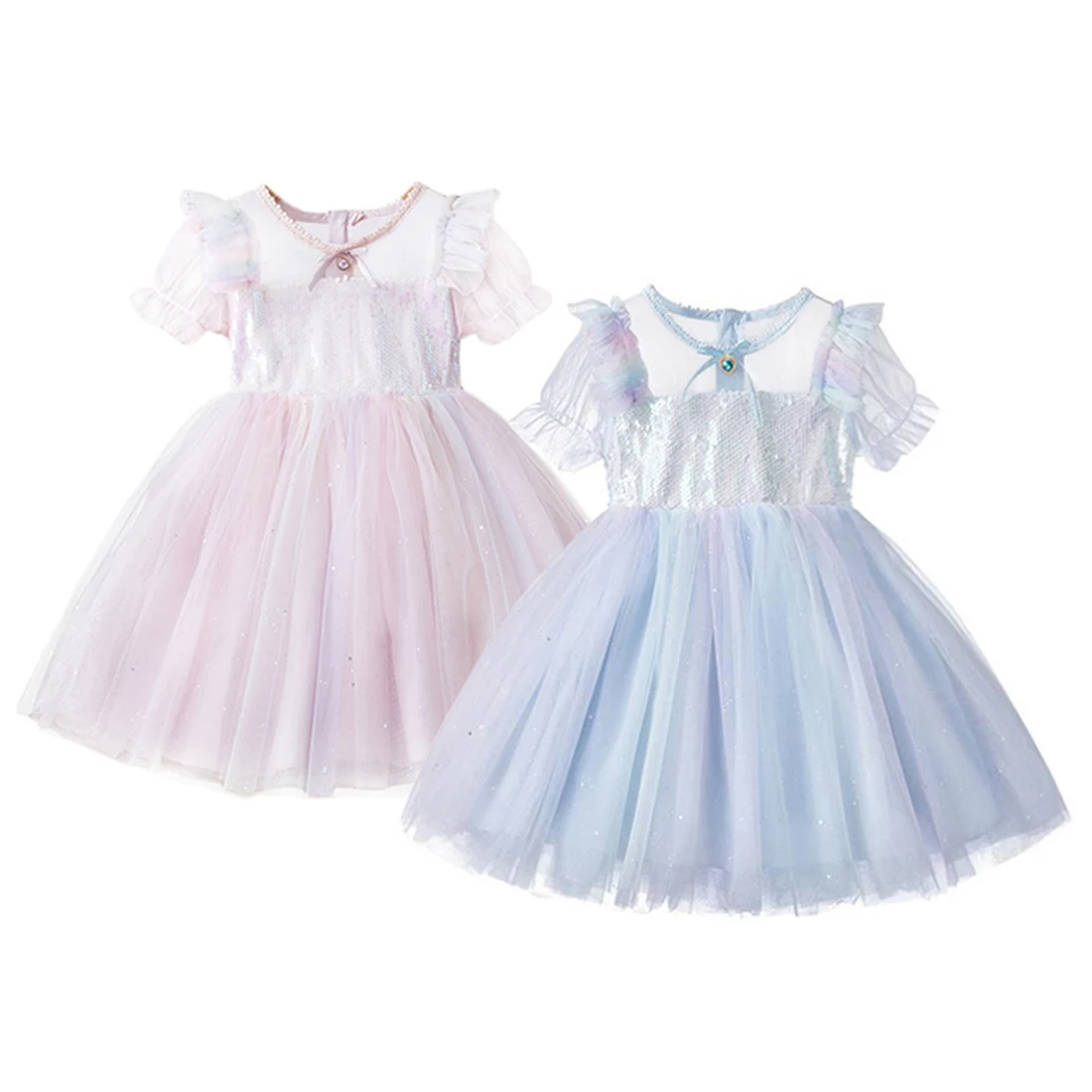 

Kids Girls Princess Dress Sequins Gauze Splicing O-Neck Short Bubble Sleeves Skirt with Back Zipper for Girls, 2-7 Years