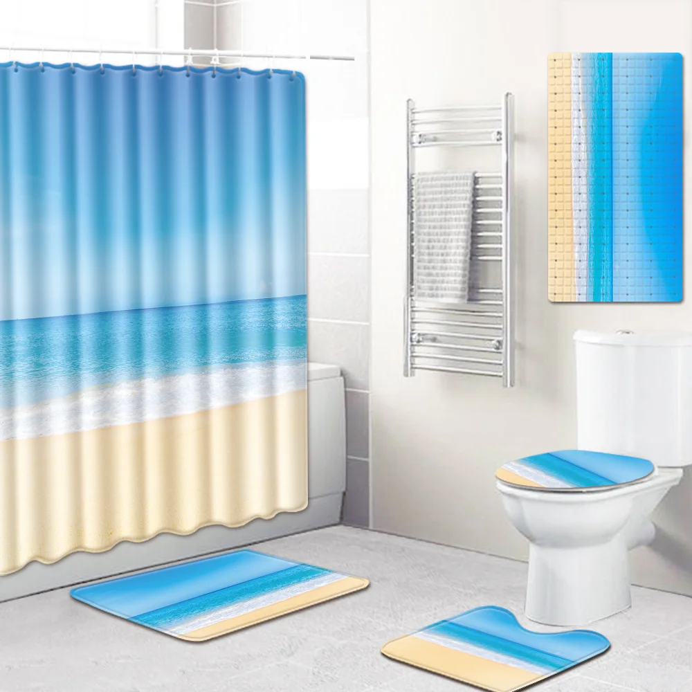 

Sea View Shower Curtain Mat Toilet Cover Mat Non-Slip Kitchen Pad Five-Piece Carpet