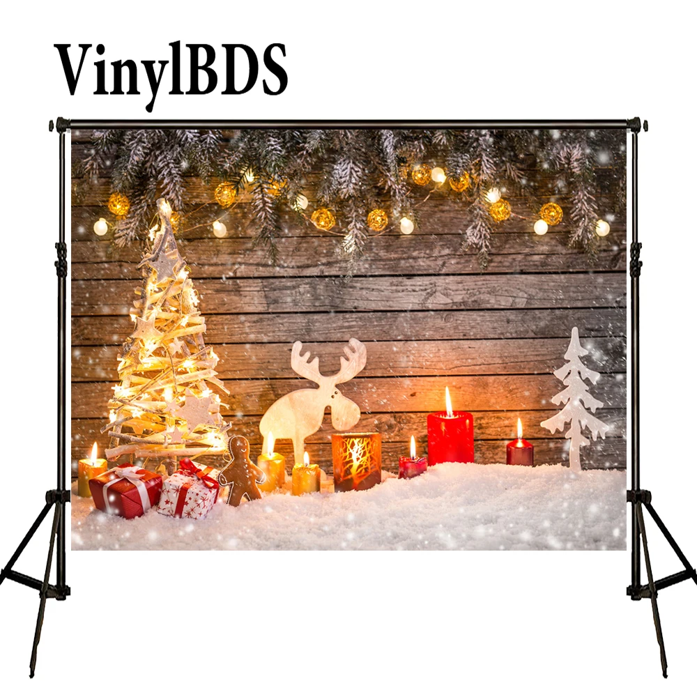 

VinylBDS Merry Christmas Backdrop Gingerbread Man Candle Matsue Backdrops for Family Wood Backdrops White Snow Floor Photo