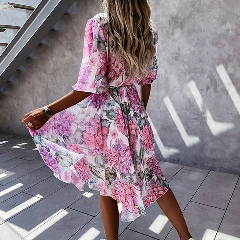

Elegant Button Lady Floral Print Chiffon Dress Summer V Neck Lace-Up Party Dress Fashion Half Sleeve Women Irregular Beach Dress