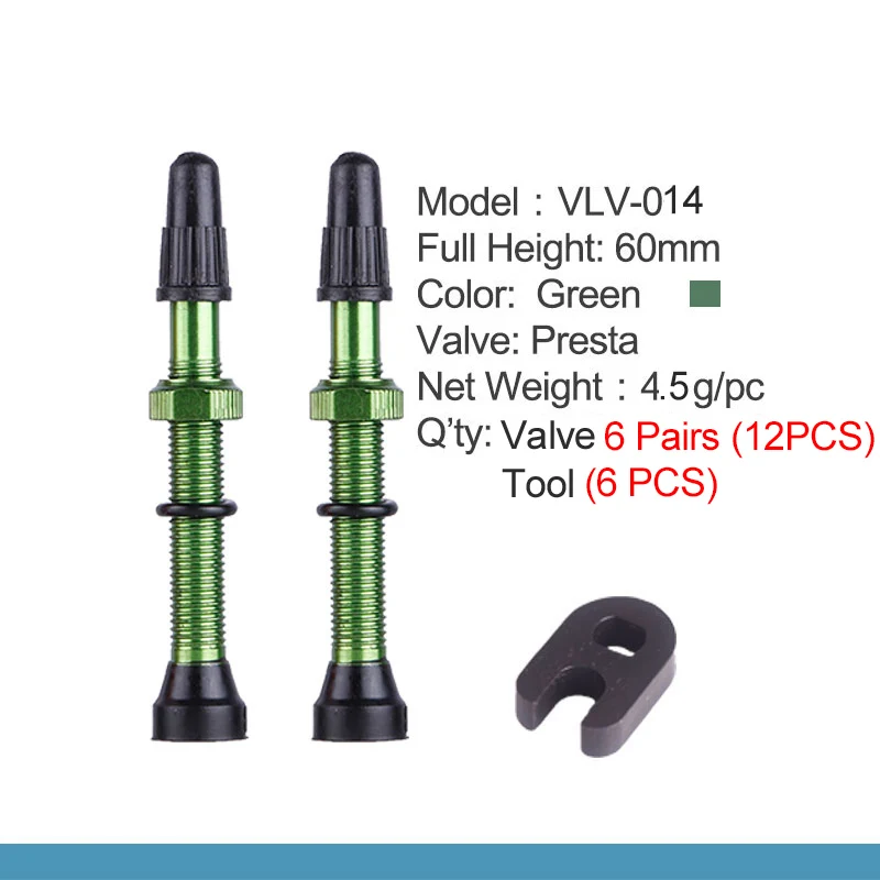 60mm Green 6 Pairs 6/12 пар 60 мм высота Tubless Rim клапаны ЧПУ-обработанный анодированный сплав стержень латунный сердечник многоцветные опционы с дополнительным инструментом - Цвет: 60mm Green 6 Pairs