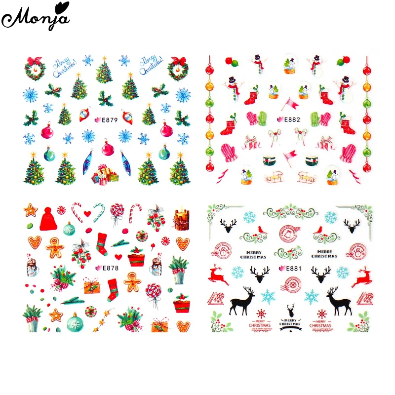 Monja 11 стилей/лист дизайн ногтей Рождественская наклейка Снеговик Лось подарок