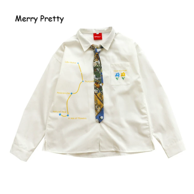 MERRY PRETTY Женская Цветочная вышивка галстук белые блузки и рубашки с длинным