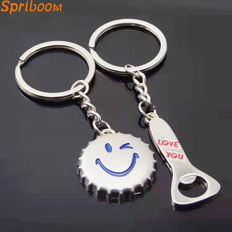 

2Pcs Couple Keychains for Lovers Heart Arrow Keys Smile Beer Bottle Cap Opener Love Letters Silver Keyrings Valentine's Day Gift