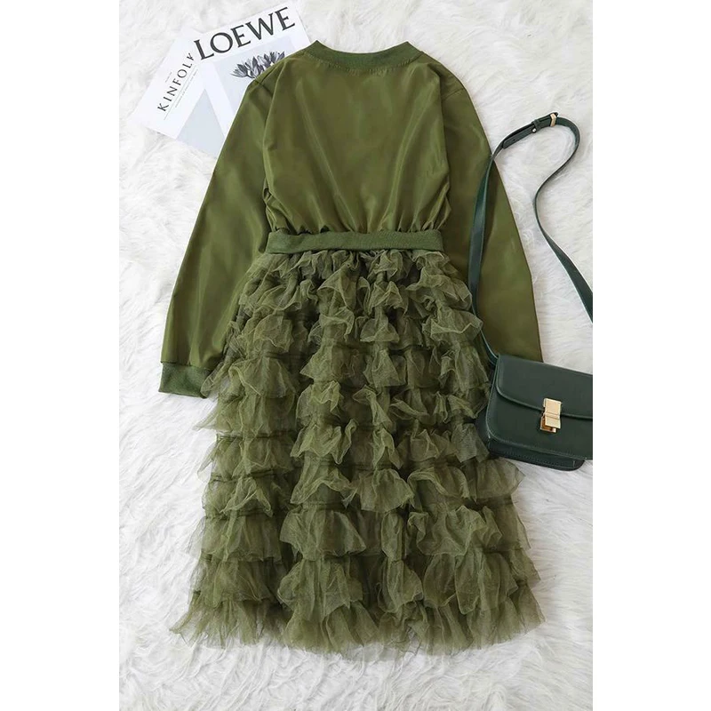 

2021 Hot Autumn Fashion Women Lady Mesh Lace Splice Coats Long Sleeve Zipper Frill Tulle Tutu Long Jacket Casual Women Outerwear