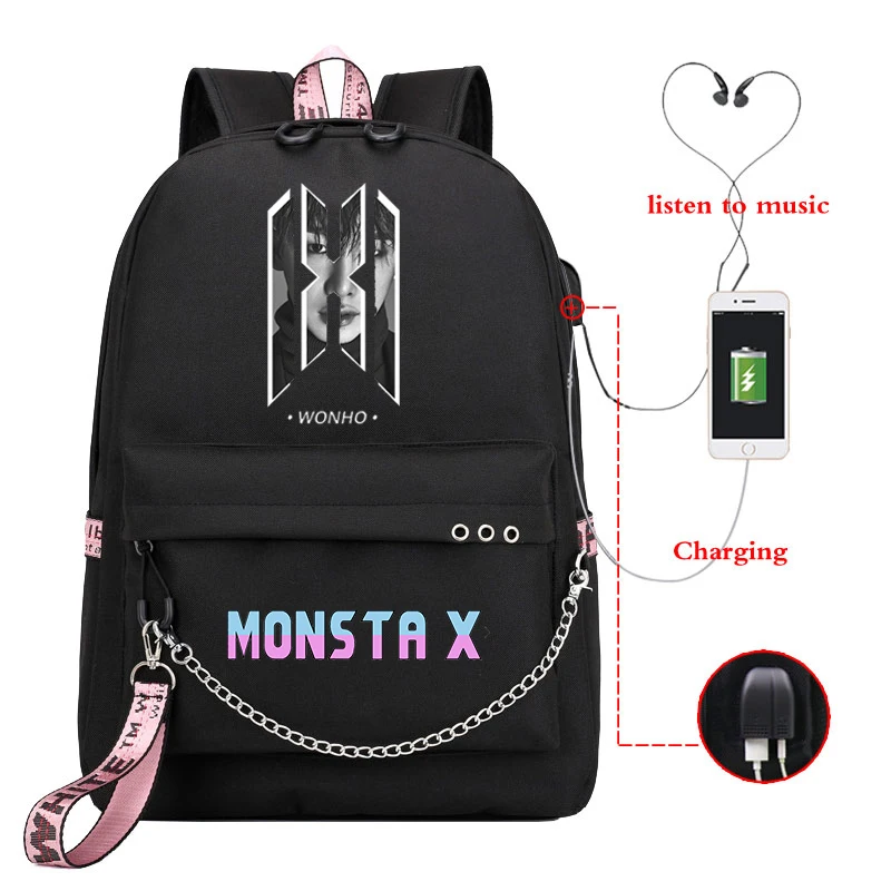 Рюкзак Mochila MONSTA X Kpop школьные ранцы для девочек подростков женский рюкзак с Usb