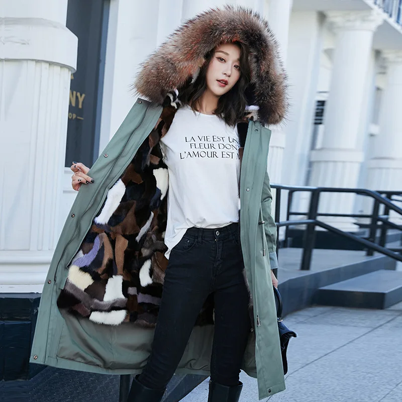 

Зимняя меховая подкладка из меха норки, Воротник из меха енота, парка, женское меховое пальто с капюшоном, модная Длинная женская ветрозащит...