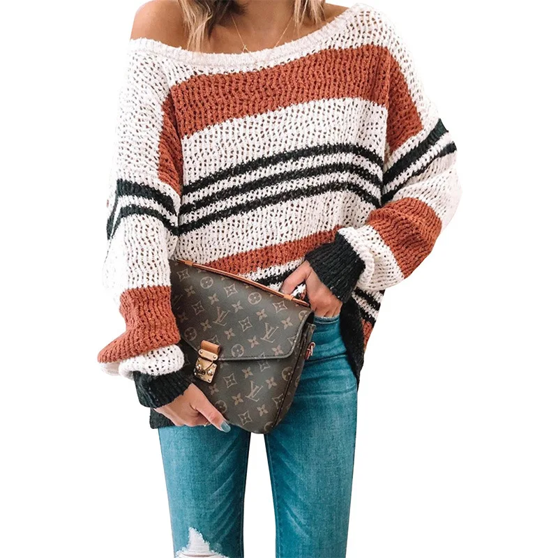 

shi ying 2020 New Style for Autumn and Winter Women's Striped Sweater Women's Leisure Easing off-the-Shoulder Sweater Female
