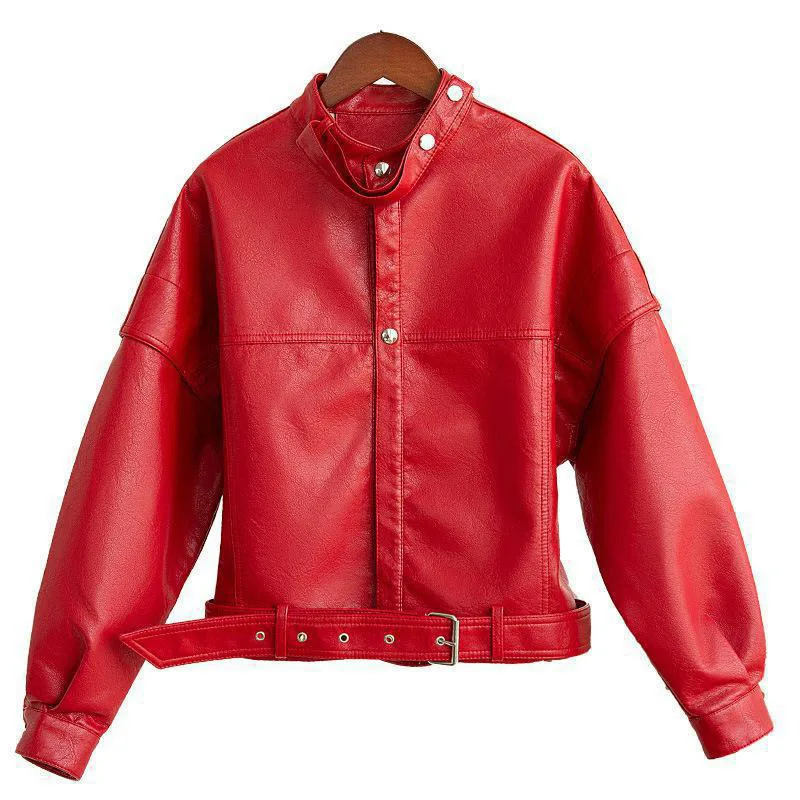 Женская кожаная куртка свободная Мягкая красная из искусственной кожи Черная
