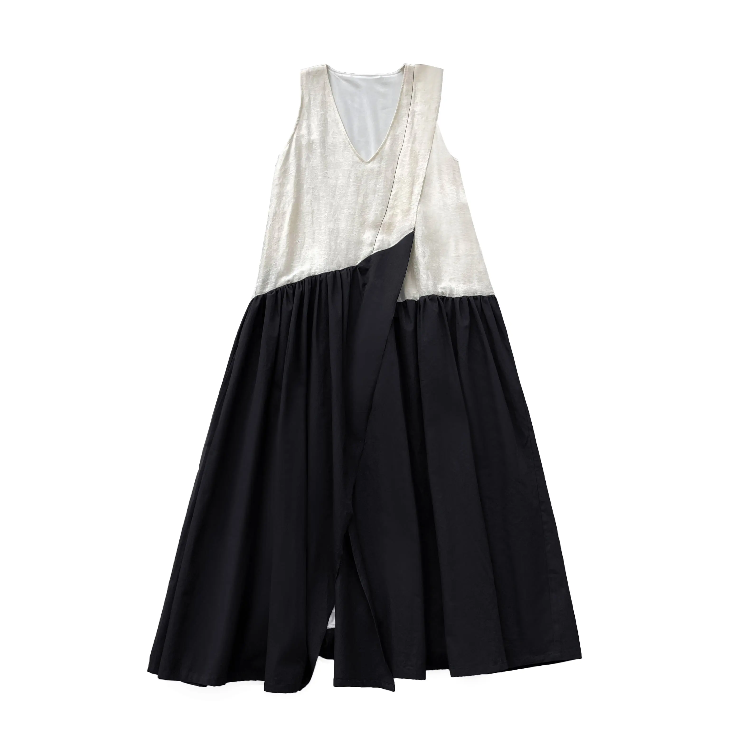 

XITAO Irregular Contrast Color Dress Summer New Fashion Sleeveless V-neck Collar Folds Splicing Big Hem Loose Women WMD1657