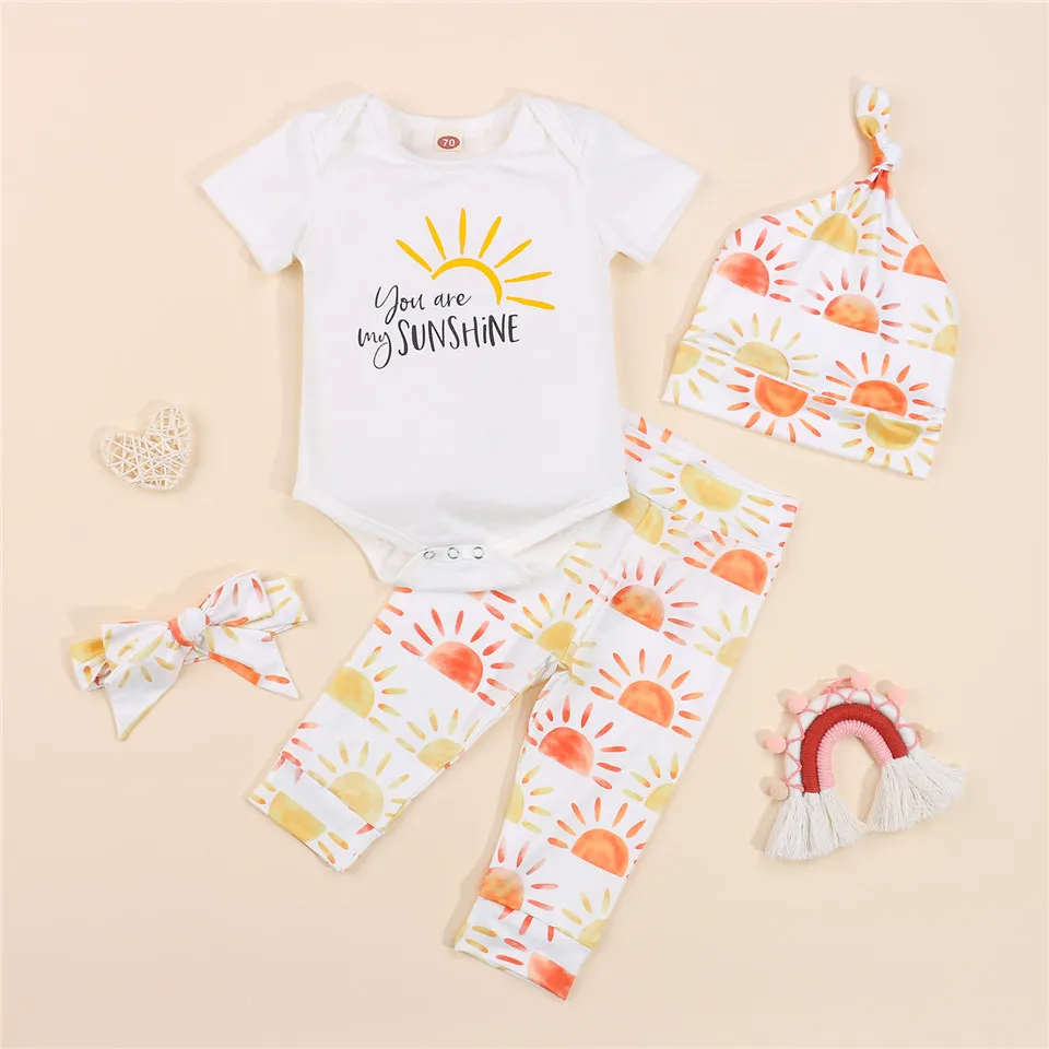 

Infant Toddler Baby 4Pcs Spring Autumn Outfits, Short Sleeve Cartoon Print Romper + Pants + Hat + Headband Set Детский костюм