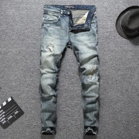 european street fashion men jeans retro gray blue elastic slim fit ripped jeans men vintage designer stretch casual denim pants