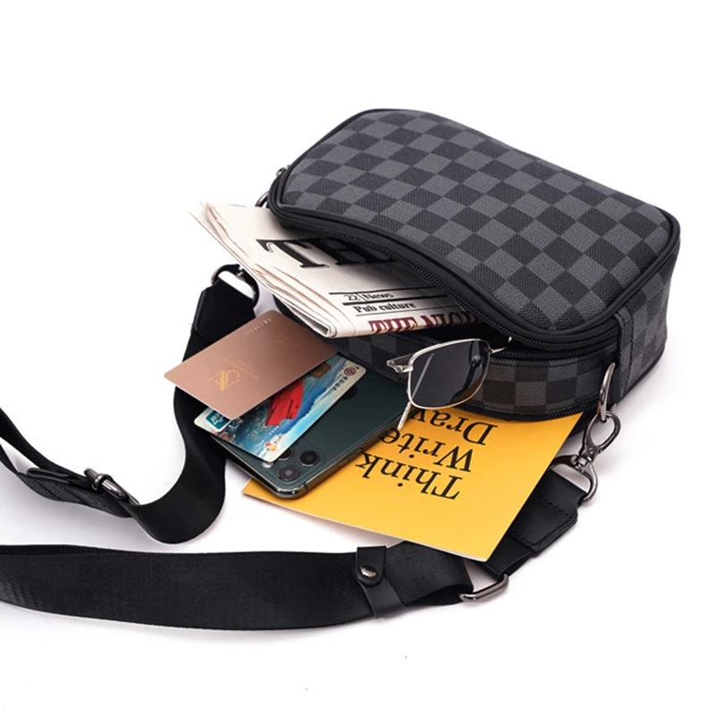 

Retro Simple Small Crossbody Bag for Men Casual Street Plaid Leather Sling Shoulder Bag Couples Mini Messenger Bags Trendy 2021