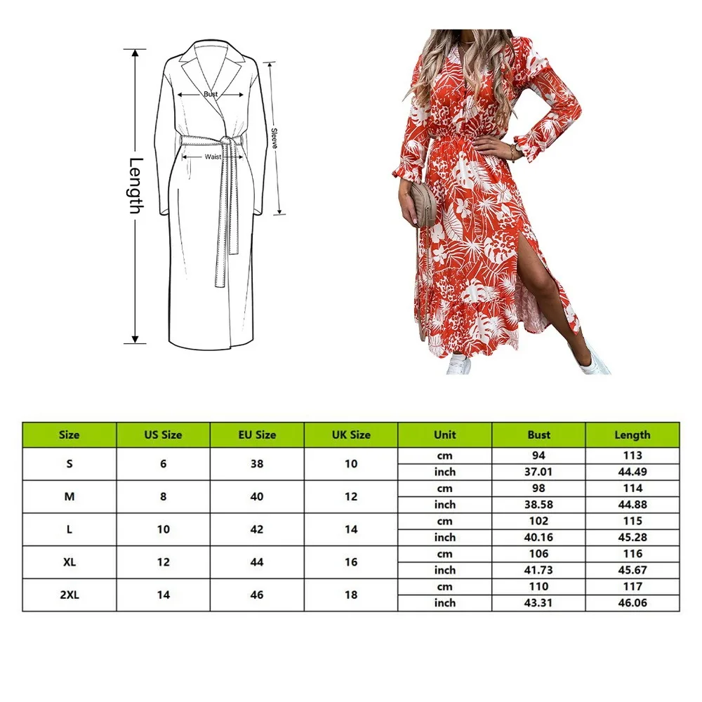 

Women Dresses 2021 Sexy V Neck Floral Print Boho Beach Split Dress Long Sleeve Dress Wrap Female Robes Party Dresses