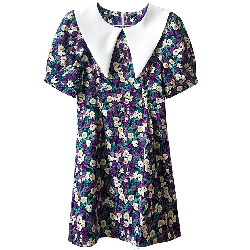 

Sexy Purple Sailor Collar Floral Short Dress Women 2020 Summer Vintage Flower Puff Sleeve High Waist Chiffon Ladies Mini Dress