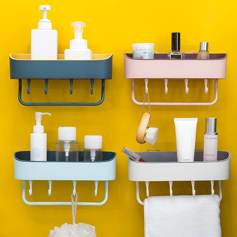 

Wall-mounted Rack With Hooks Punch-free Storage Racks Bathroom Kitchen Shelf