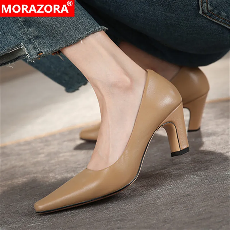 

MORAZORA 2022 Classic Single Shoes Women High Heels Genuine Leather Shoes Square Toe Solid Color Spring Office Shoes Women Pumps
