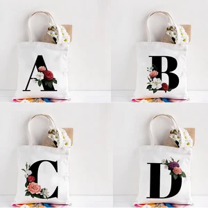 Cartoon Flower English Alphabet Print Canvas Shopping Bag Fashion Women Shoulder Bags Bookbag Reusable Large Capacity Hand Bag