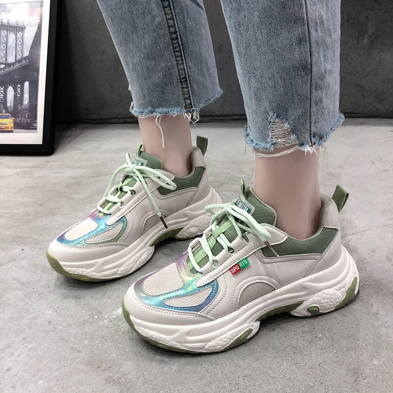 Женские кроссовки на танкетке Зеленые массивной модная повседневная обувь