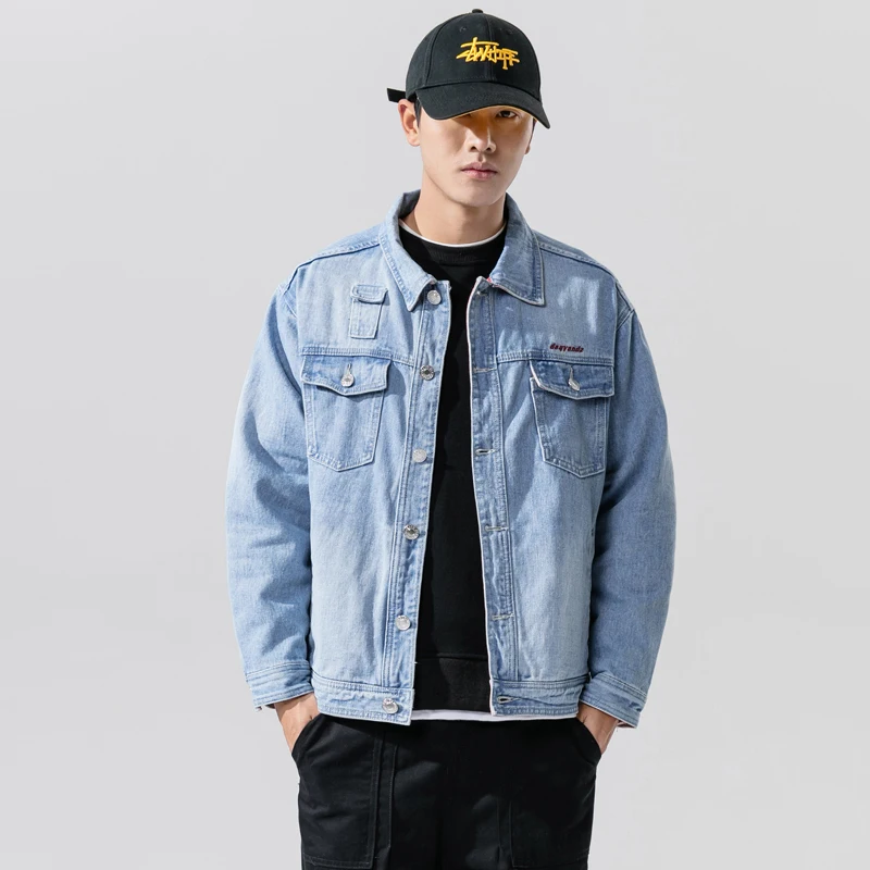 

Куртка мужская джинсовая однобортная, повседневная однотонная, с лацканами, из 2020 хлопка, приталенный силуэт, качественная, осень