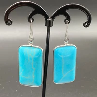 fyjs unique silver plated rectangle shape blue turquoises stone dangle earrings for women jewelry