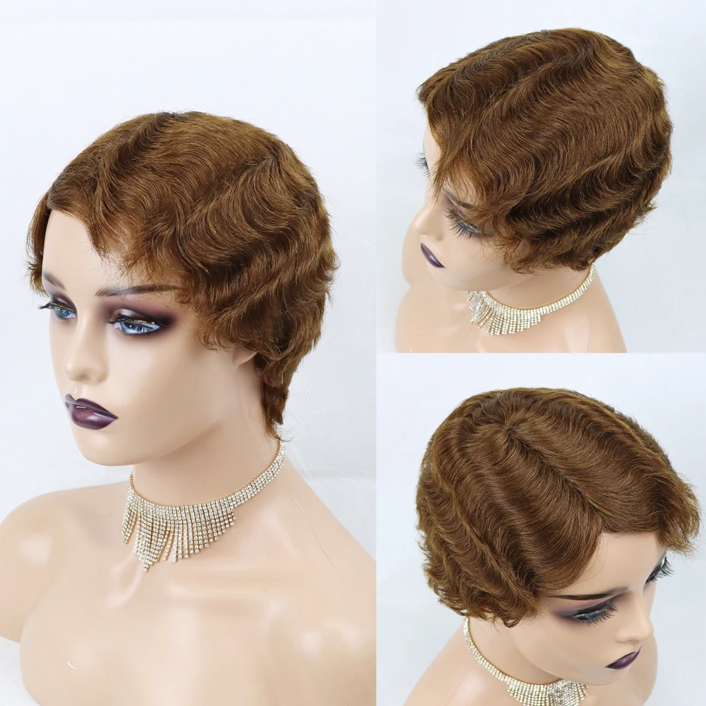 

Brazilian Short Pixie Cut Human Hair Wigs Cute Finger Waves Hairstyles for Black Women Full Machine Made Wigs 100% Human Hair