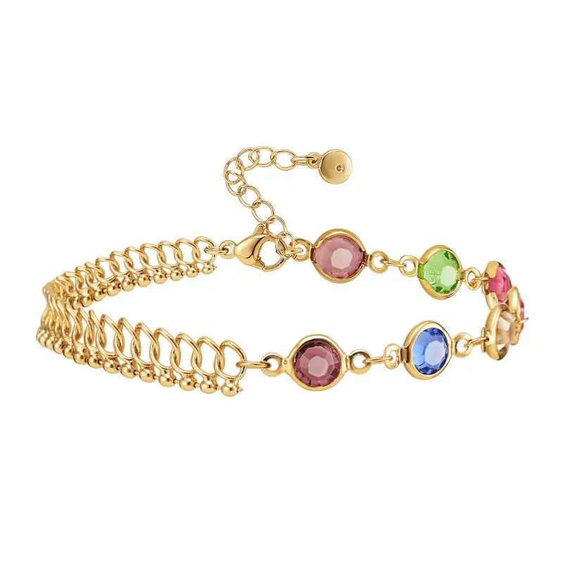 

New European and American Ladies Colored Zircon Small Round Bead Pendant Copper Plated 18K Real Gold Bracelet